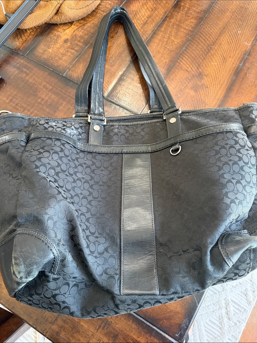 Coach Black Signature Logo Tote with Leather Trim